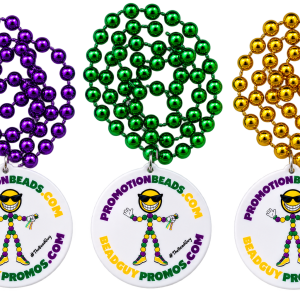 Full color imprint medallions on purple, green and gold Mardi Gras bead strands by PromotionBeads.com